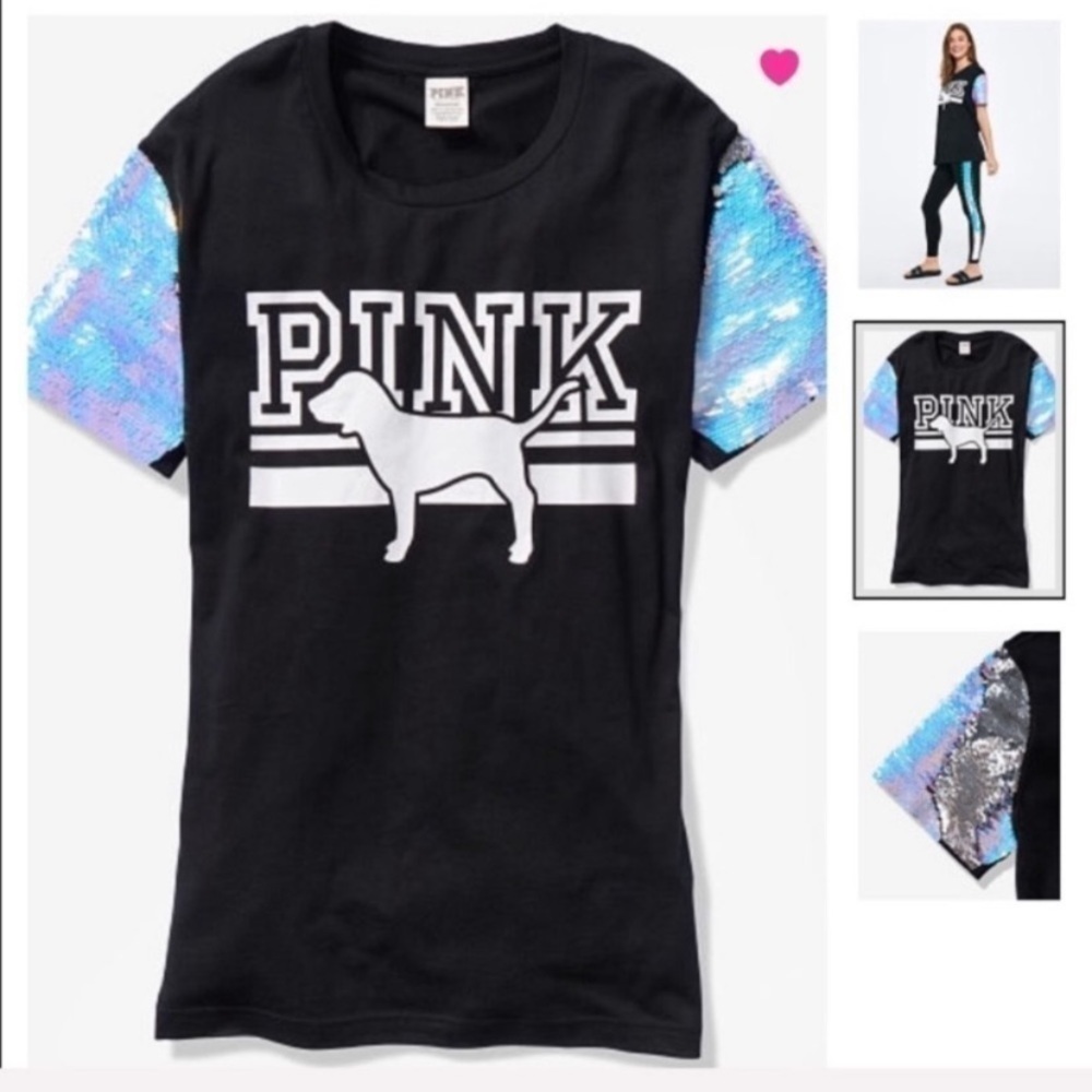 VS PINK Flip Sequin Bling Campus Short Sleeve Tee